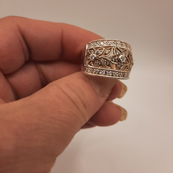 Sterling Silver 925 Ring GSJ DQCZ Marked Open Filigree Diamonique Wide Vintage - Picture 8 of 9